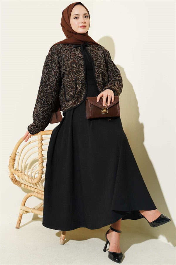 Floral Pattern Jacket and Skirt 2 Piece Set in Coffee Brown
