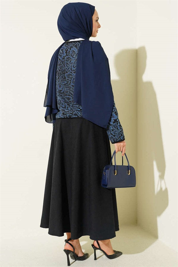 Floral Pattern Jacket and Skirt 2 Piece Set, Blue