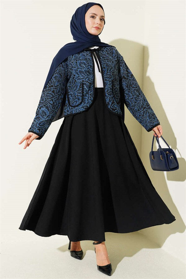 Floral Pattern Jacket and Skirt 2 Piece Set, Blue
