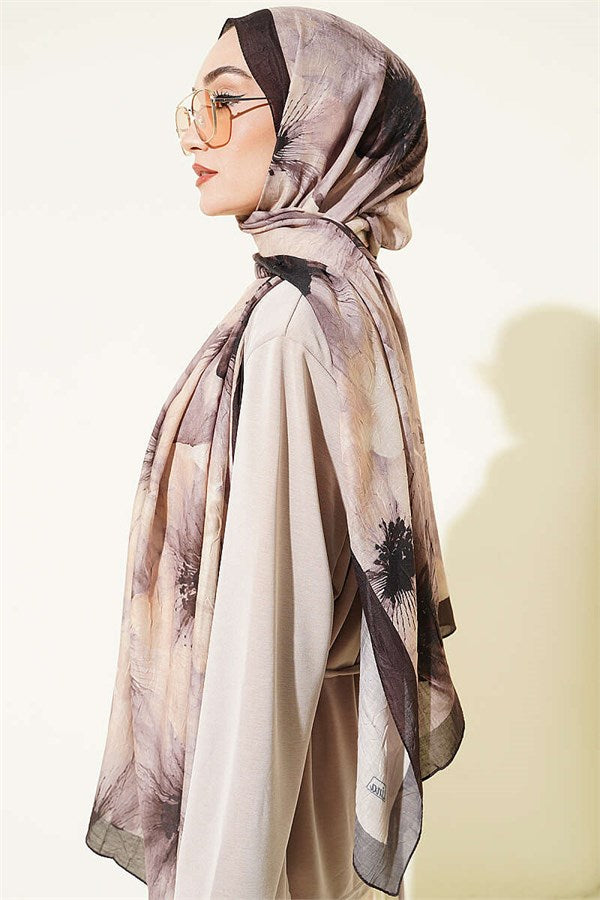 Floral Pattern Detailed Bamboo Kash Shawl Dark Brown