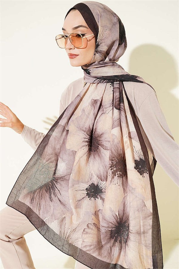 Floral Pattern Detailed Bamboo Kash Shawl Dark Brown