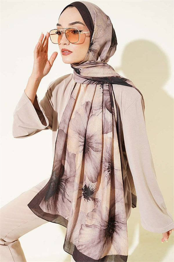 Floral Pattern Detailed Bamboo Kash Shawl Dark Brown