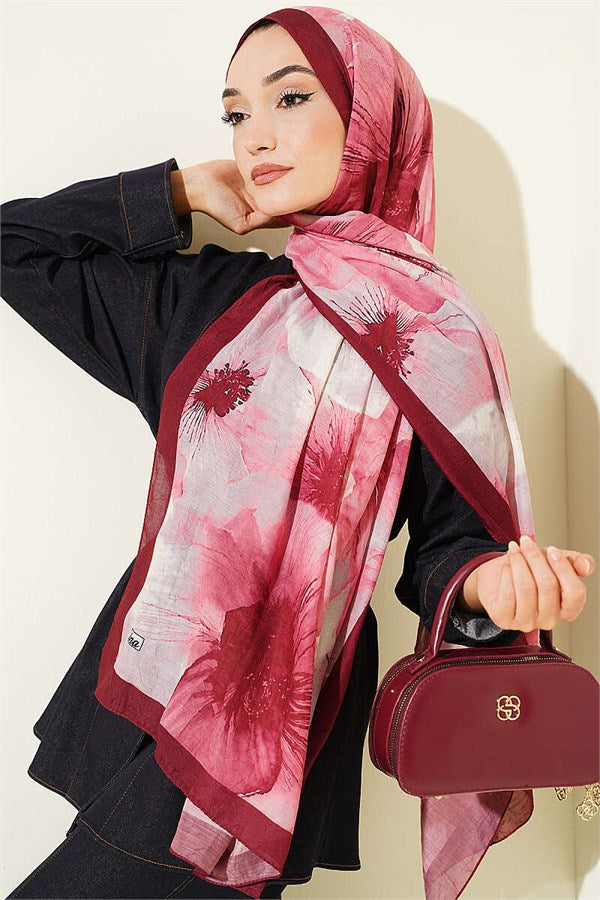 Floral Pattern Detailed Bamboo Krasnoye Shawl, Burgundy