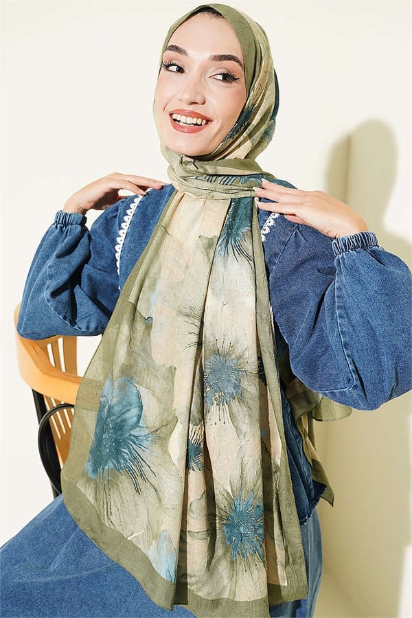 Floral Pattern Detailed Bamboo Crash Scarf in Light Green