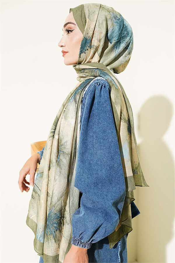 Floral Pattern Detailed Bamboo Crash Scarf in Light Green