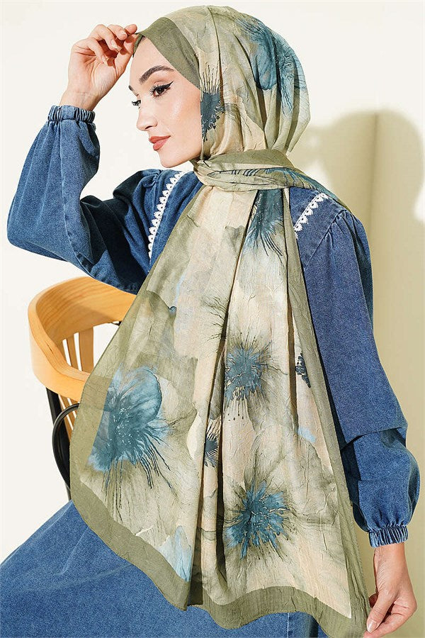 Floral Pattern Detailed Bamboo Crash Scarf in Light Green