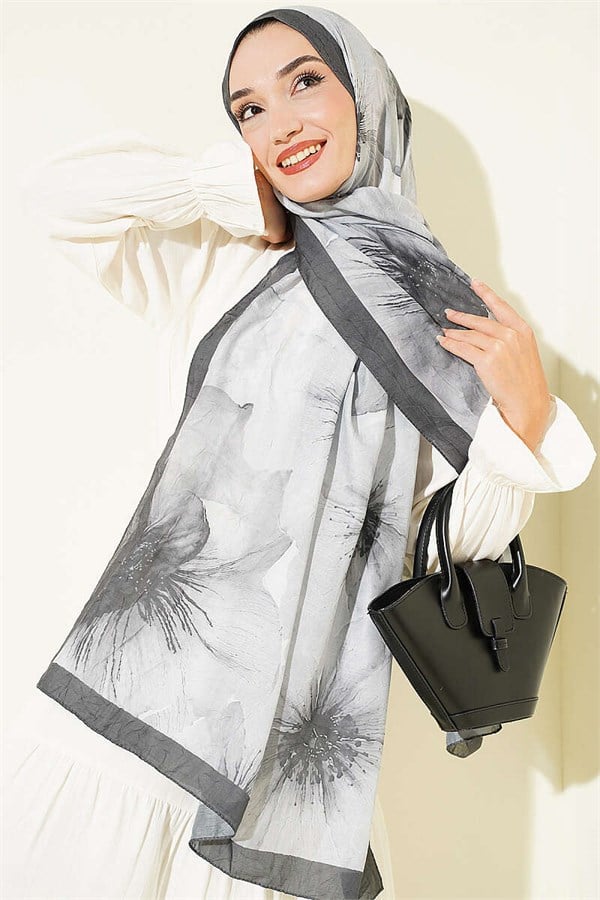 Floral Pattern Detailed Bamboo Kash Shawl, Smoke Grey