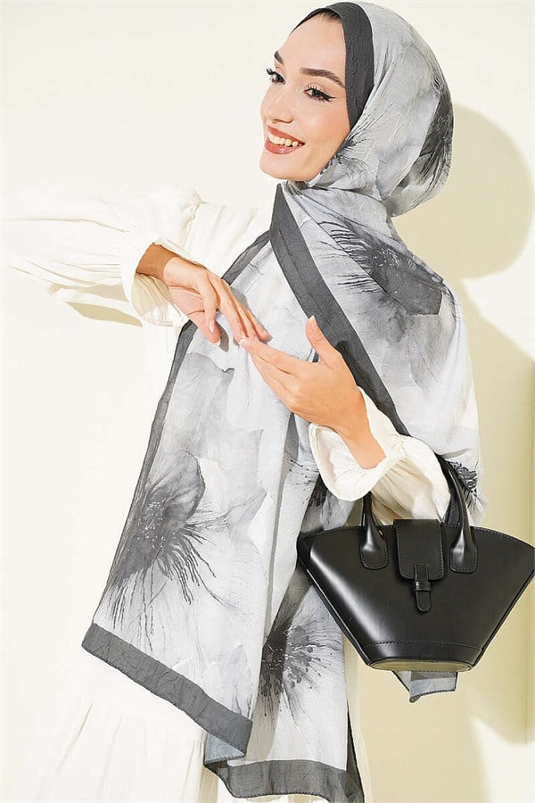 Floral Pattern Detailed Bamboo Kash Shawl, Smoke Grey