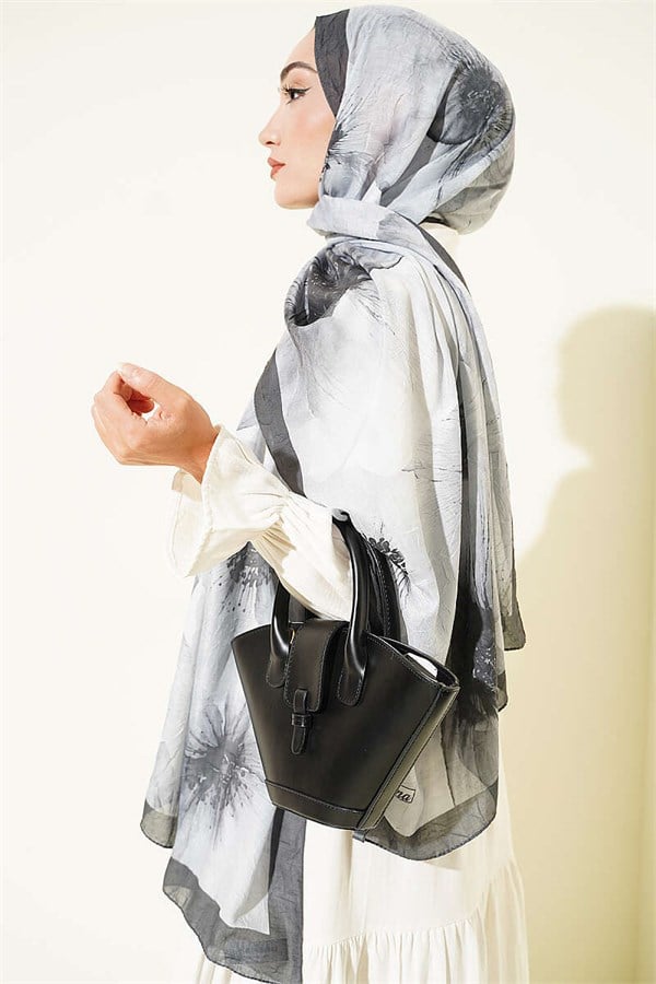 Floral Pattern Detailed Bamboo Kash Shawl, Smoke Grey