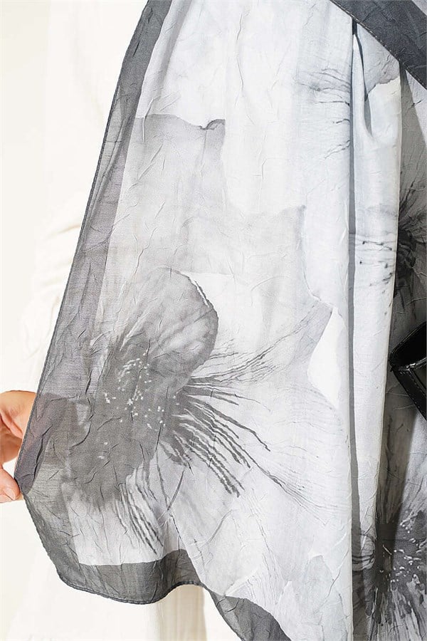 Floral Pattern Detailed Bamboo Kash Shawl, Smoke Grey