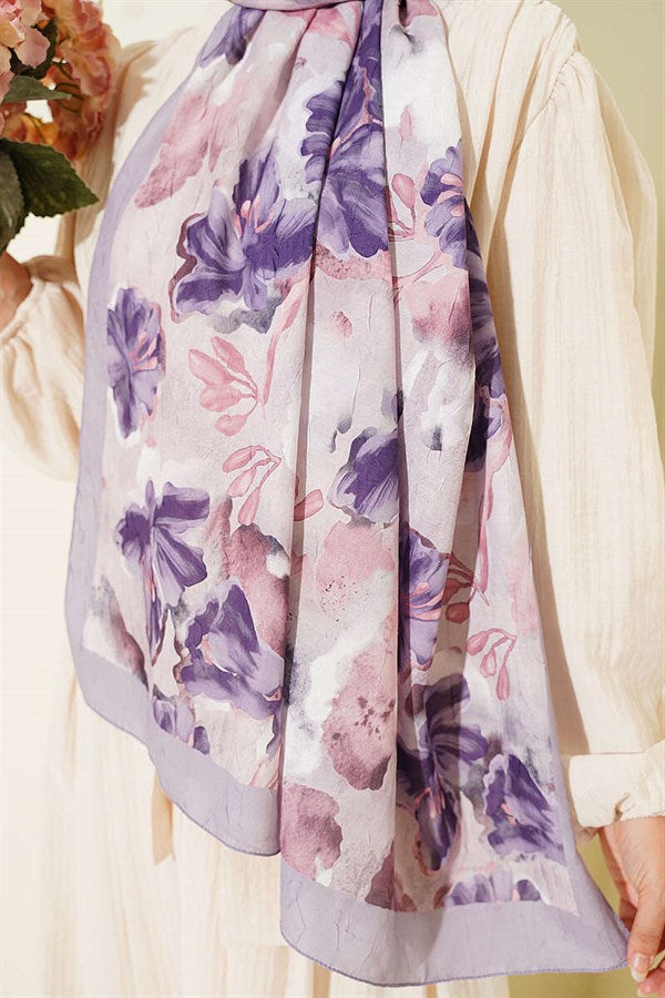 Floral Pattern Detailed Bamboo Crash Shawl Grey
