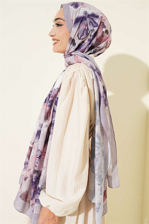 Floral Pattern Detailed Bamboo Crash Shawl Grey