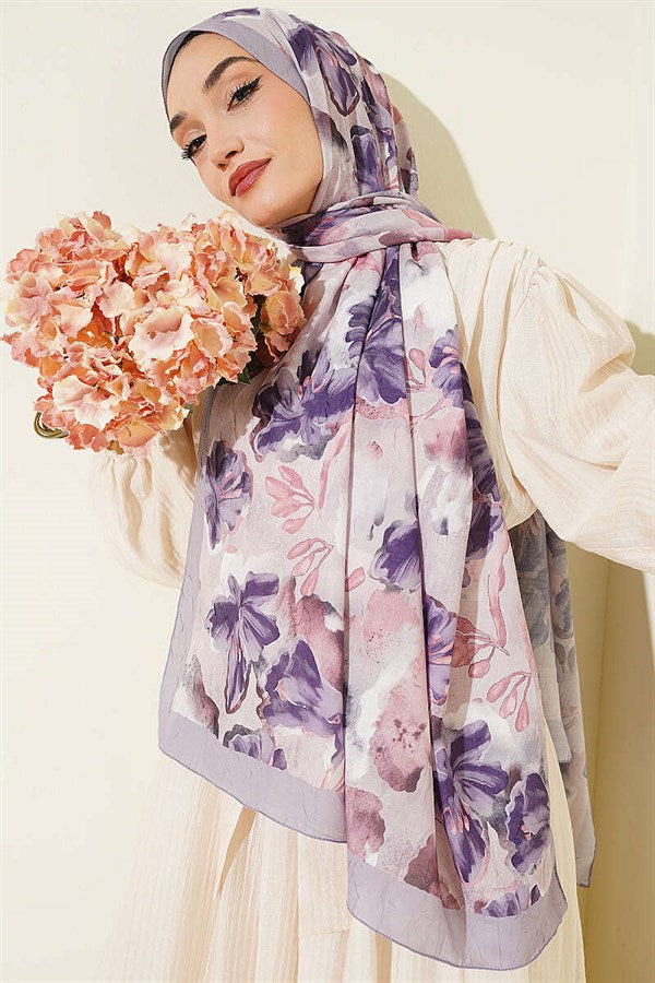 Floral Pattern Detailed Bamboo Crash Shawl Grey