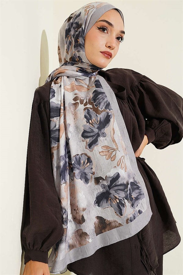 Floral Pattern Detailed Bamboo Crash Shawl Slate Grey