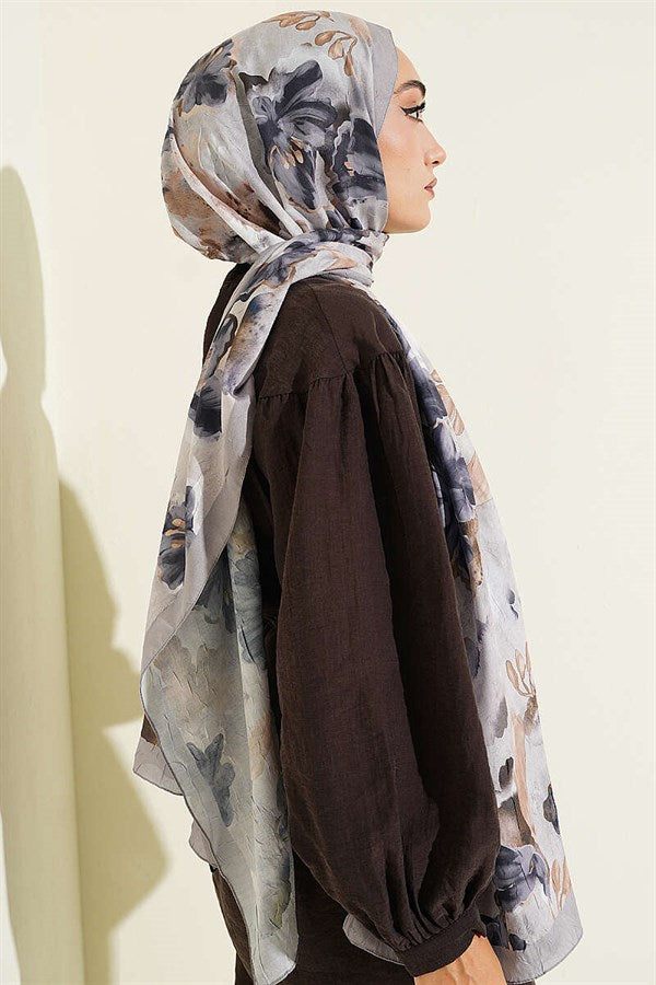 Floral Pattern Detailed Bamboo Crash Shawl Slate Grey