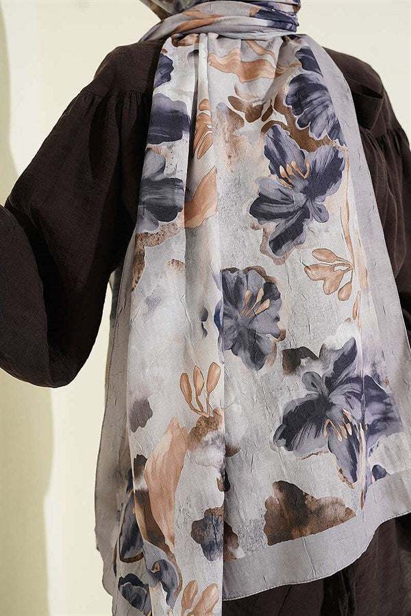 Floral Pattern Detailed Bamboo Crash Shawl Slate Grey