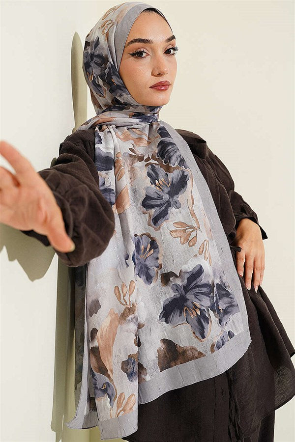 Floral Pattern Detailed Bamboo Crash Shawl Slate Grey