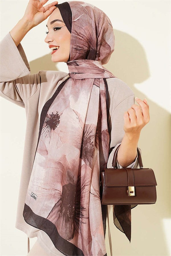 Floral Pattern Detailed Bamboo Kash Shawl Chestnut