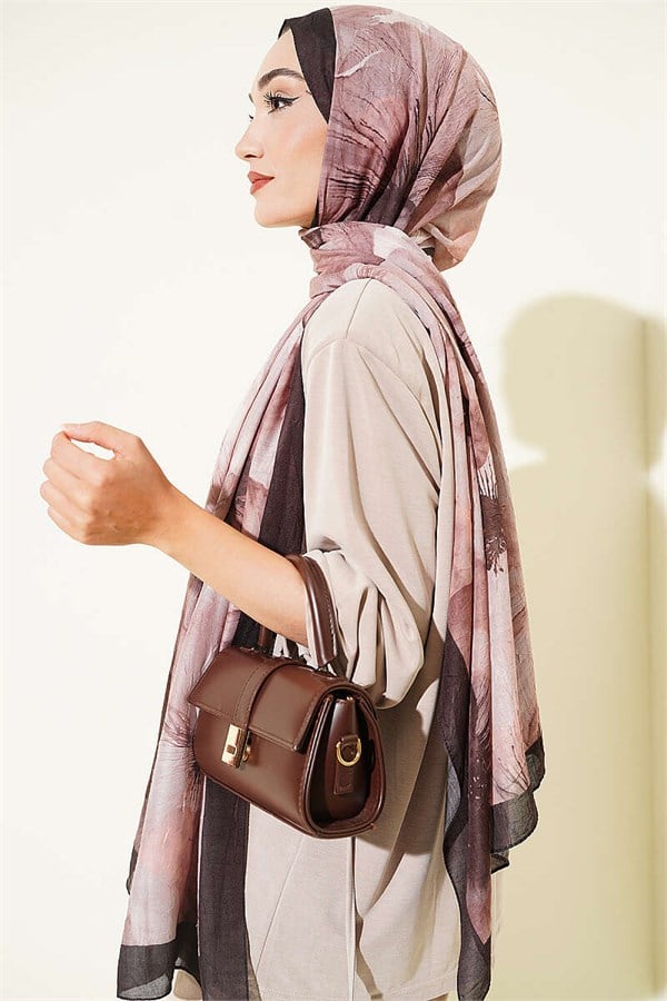 Floral Pattern Detailed Bamboo Kash Shawl Chestnut