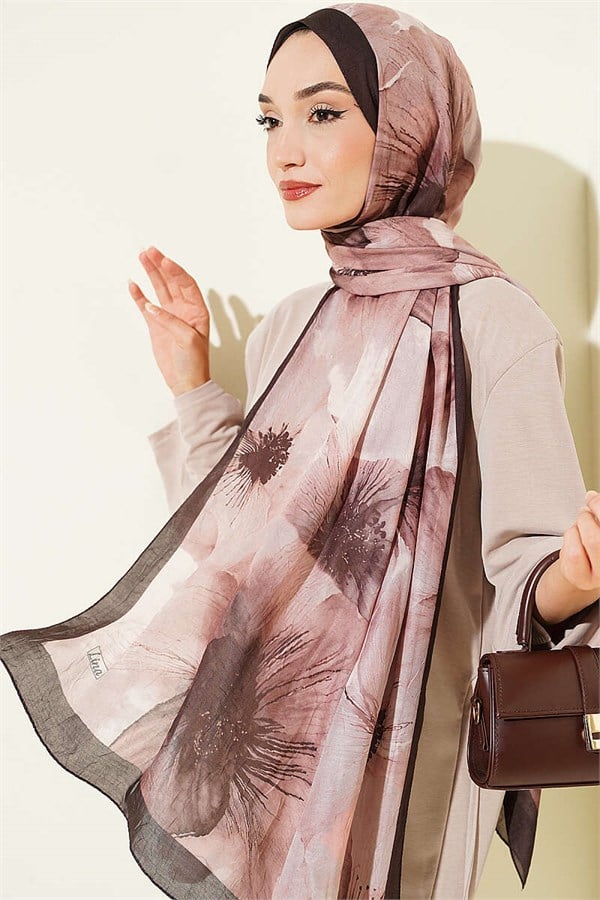 Floral Pattern Detailed Bamboo Kash Shawl Chestnut