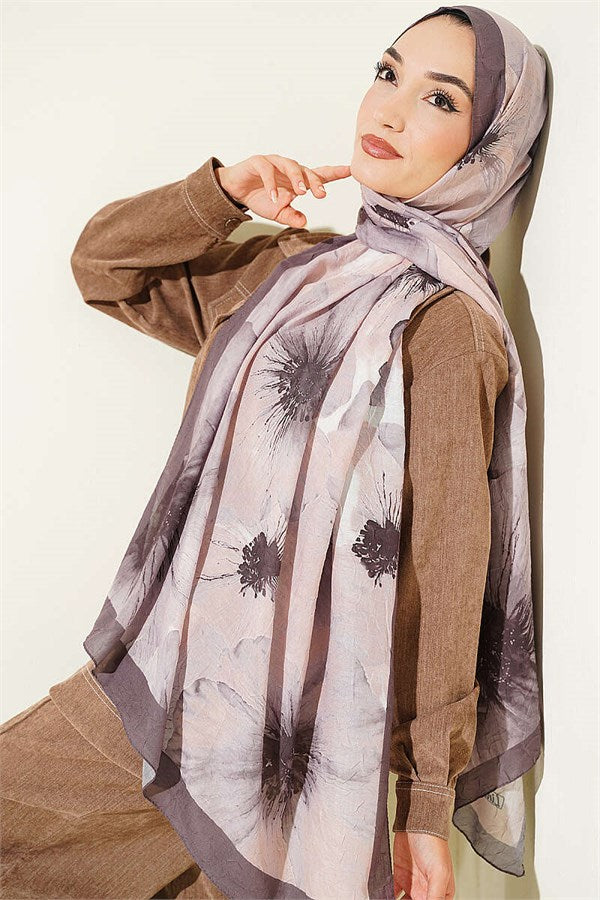 Floral Pattern Detailed Bamboo Crash Scarf Dark Mink