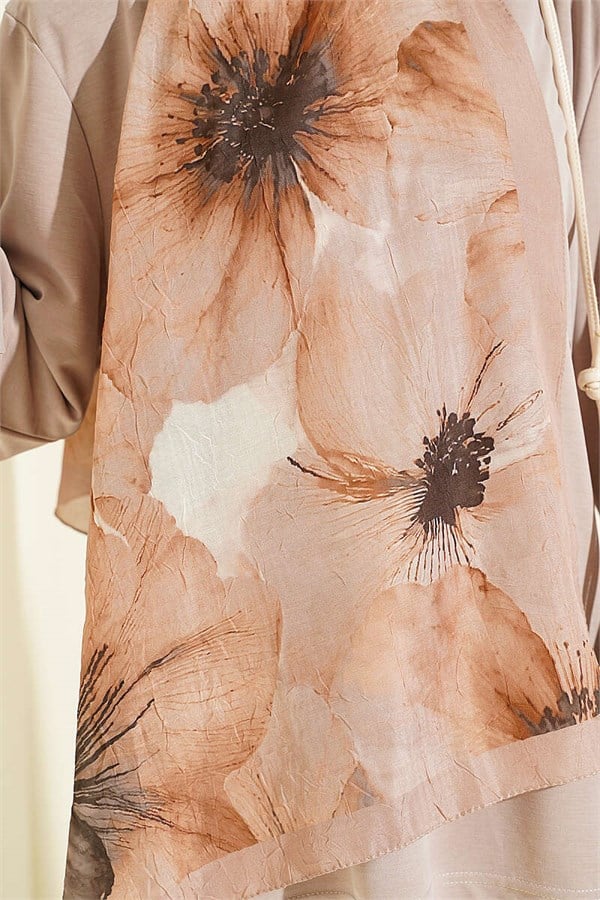 Floral Pattern Detailed Bamboo Crash Shawl Sand Beige