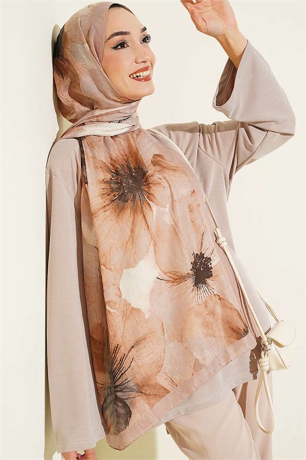Floral Pattern Detailed Bamboo Crash Shawl Sand Beige