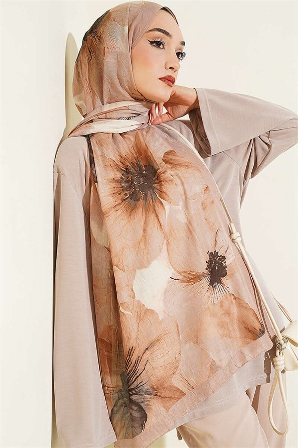 Floral Pattern Detailed Bamboo Crash Shawl Sand Beige