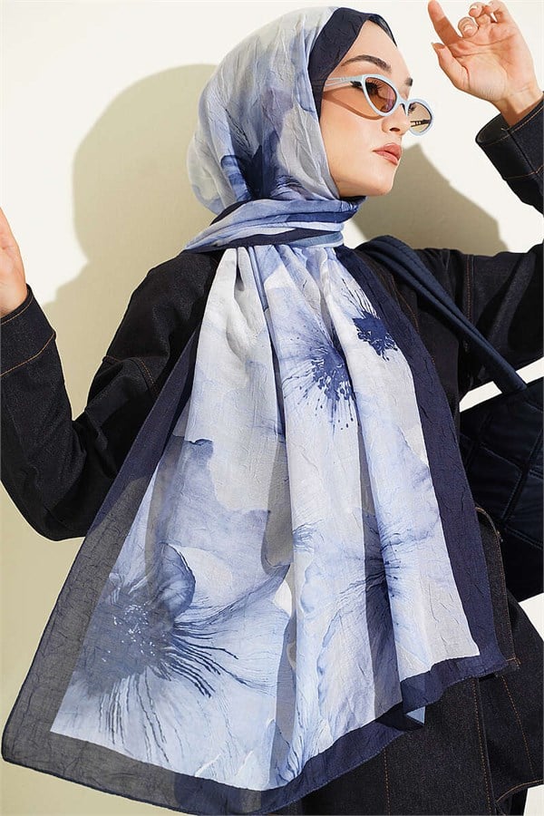 Floral Pattern Detail Bamboo Crash Scarf Navy Blue