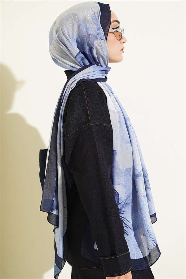 Floral Pattern Detail Bamboo Crash Scarf Navy Blue