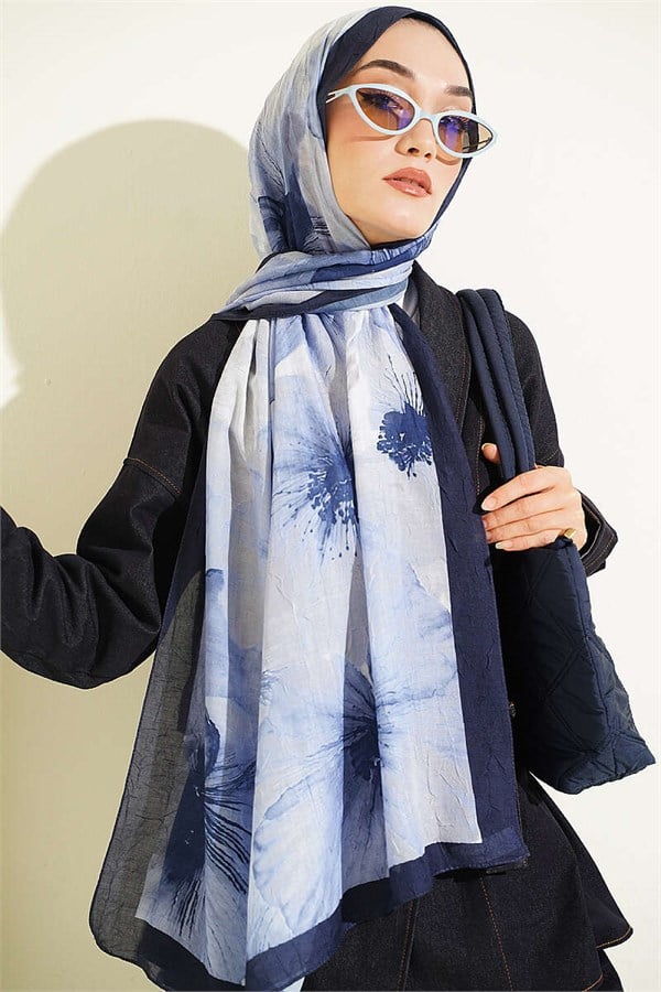 Floral Pattern Detail Bamboo Crash Scarf Navy Blue