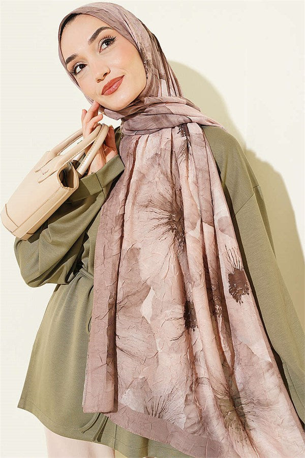 Floral Pattern Detailed Bamboo Crash Shawl Latte