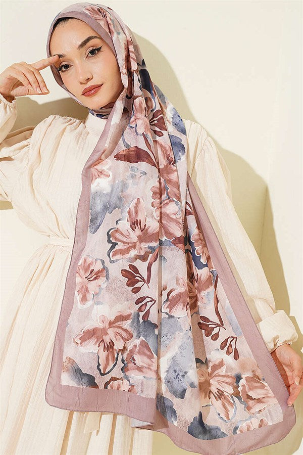 Floral Pattern Detailed Bamboo Crash Shawl Latte