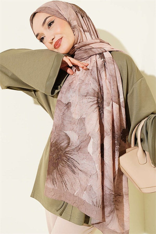 Floral Pattern Detailed Bamboo Crash Shawl Latte