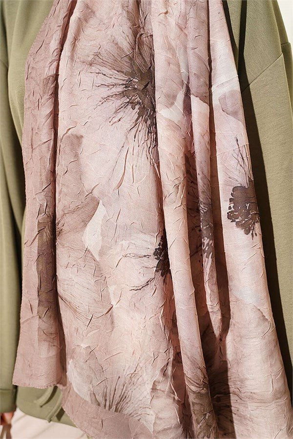 Floral Pattern Detailed Bamboo Crash Shawl Latte