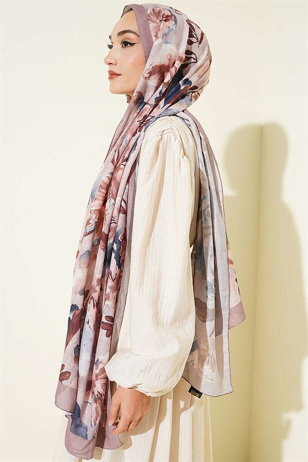 Floral Pattern Detailed Bamboo Crash Shawl Latte