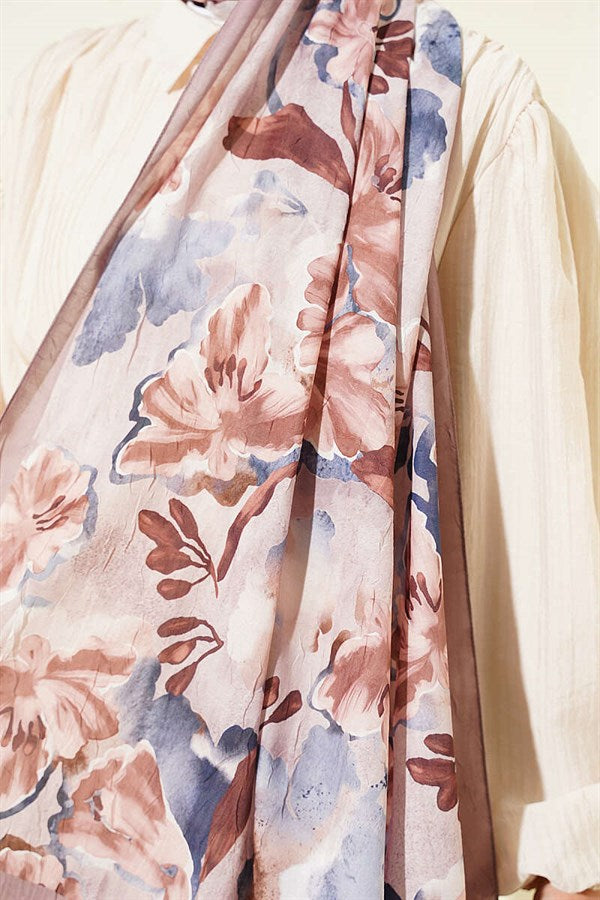 Floral Pattern Detailed Bamboo Crash Shawl Latte
