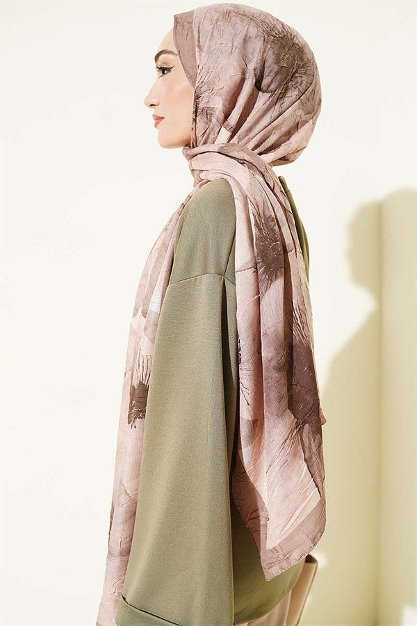 Floral Pattern Detailed Bamboo Crash Shawl Latte