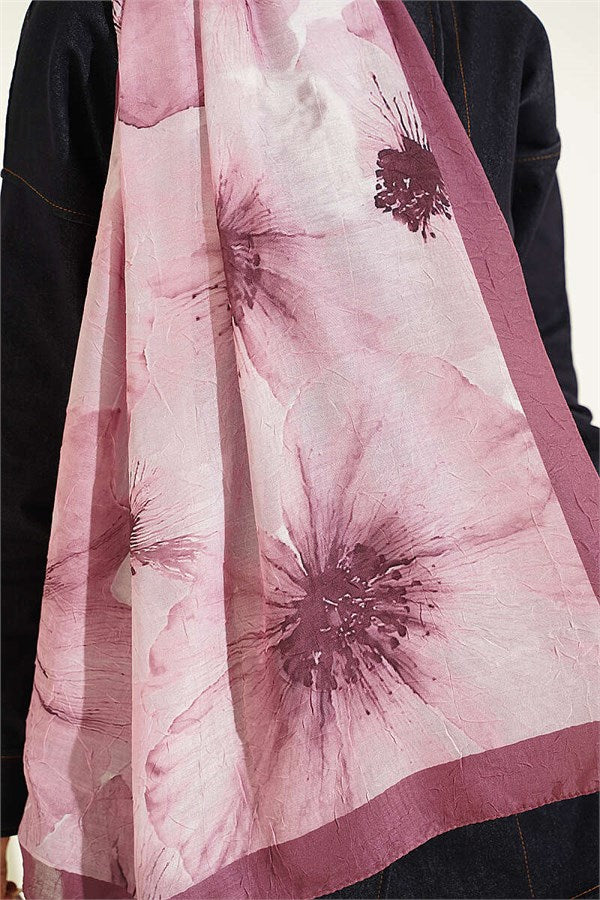 Floral Pattern Detailed Bamboo Crash Shawl Magenta