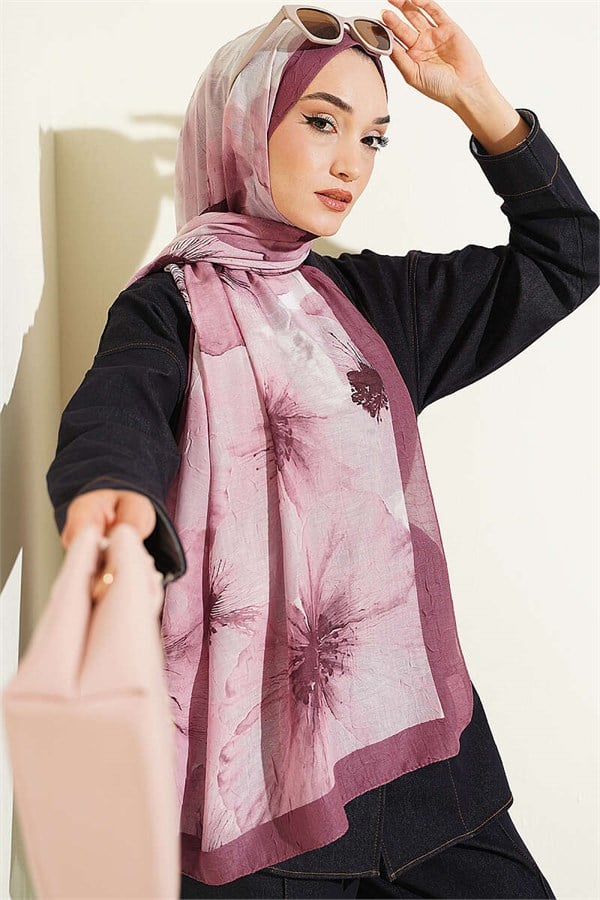 Floral Pattern Detailed Bamboo Crash Shawl Magenta