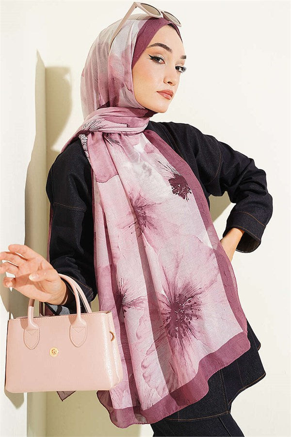 Floral Pattern Detailed Bamboo Crash Shawl Magenta