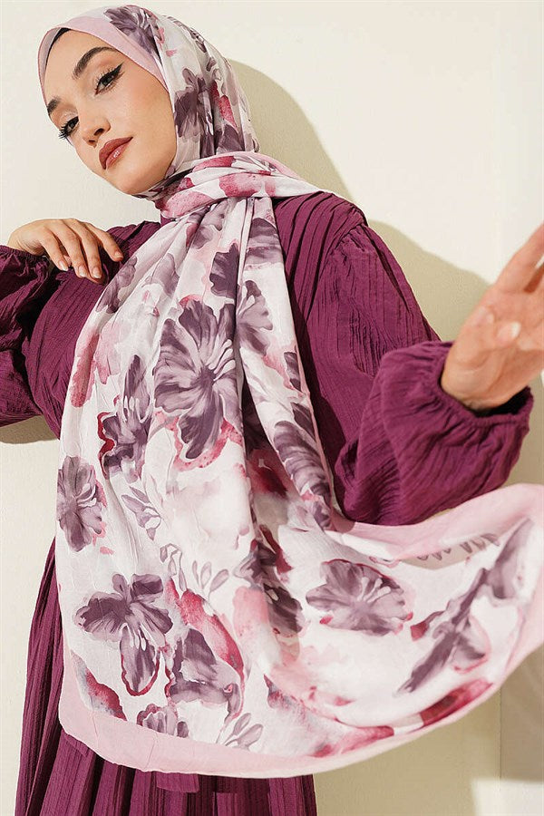 Floral Pattern Detailed Bamboo Crash Scarf Pink