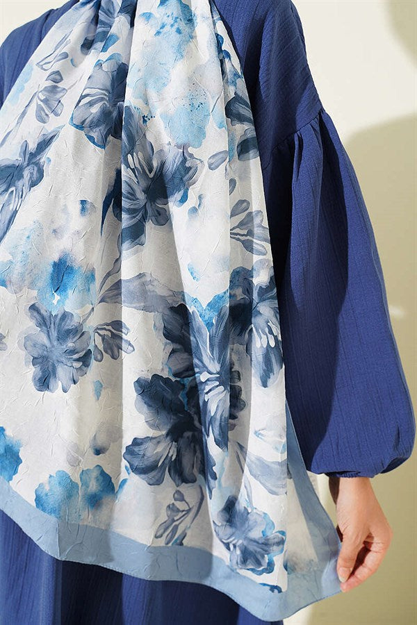 Floral Pattern Detailed Bamboo Krasnoye Scarf, Soft Blue