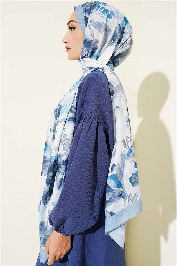 Floral Pattern Detailed Bamboo Krasnoye Scarf, Soft Blue