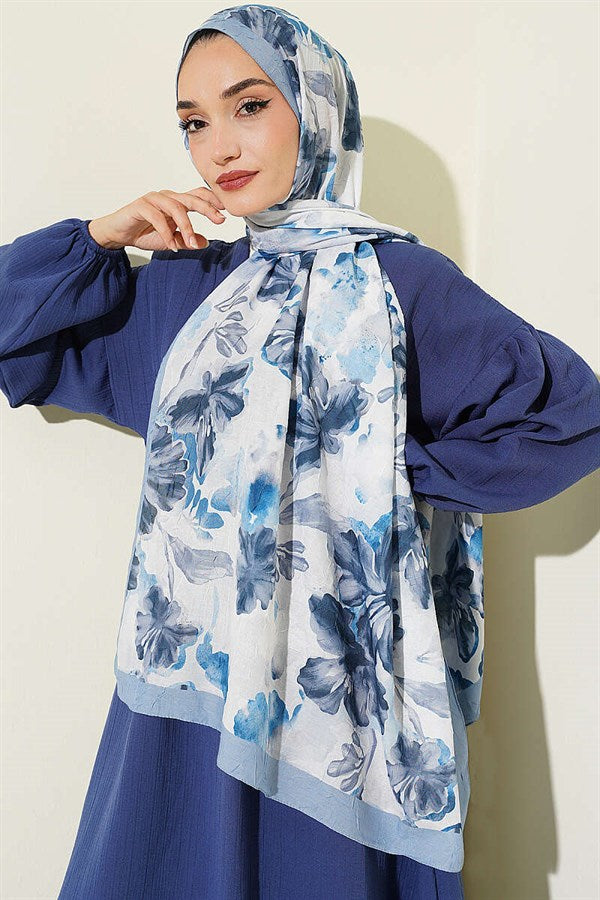 Floral Pattern Detailed Bamboo Krasnoye Scarf, Soft Blue