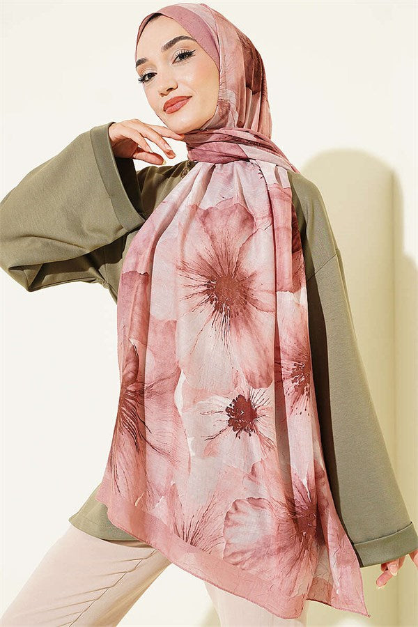 Floral Pattern Detailed Bamboo Crush Shawl Onion Peel