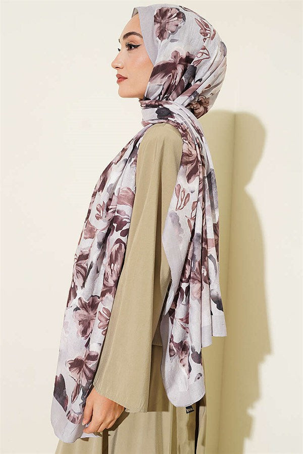 Floral Pattern Detailed Bamboo Crash Scarf Stone Grey