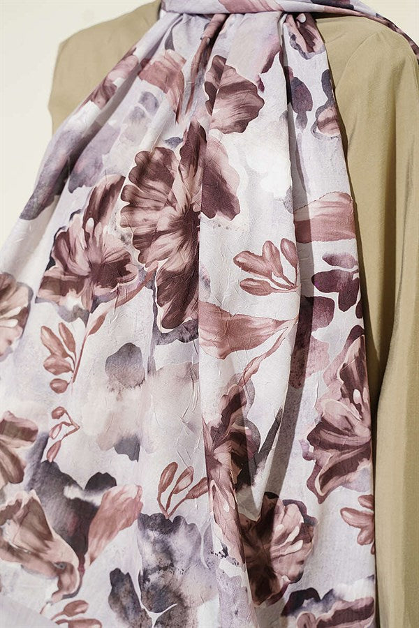 Floral Pattern Detailed Bamboo Crash Scarf Stone Grey