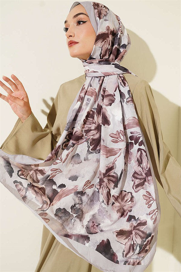 Floral Pattern Detailed Bamboo Crash Scarf Stone Grey