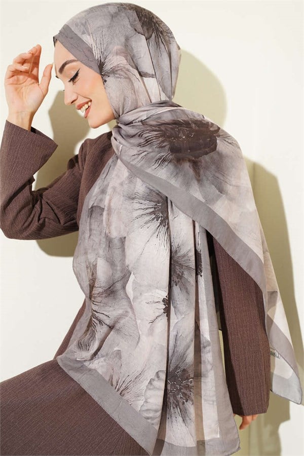 Floral Pattern Detailed Bamboo Kash Shawl, Mink